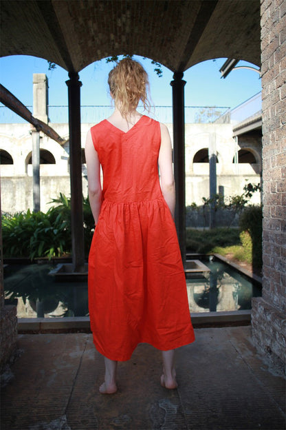 Linen dress, orange Linen Dress, Maxi Neutral Color V-neck Sleeveless Loose-Fitting Summer Dress with Pocket C1492