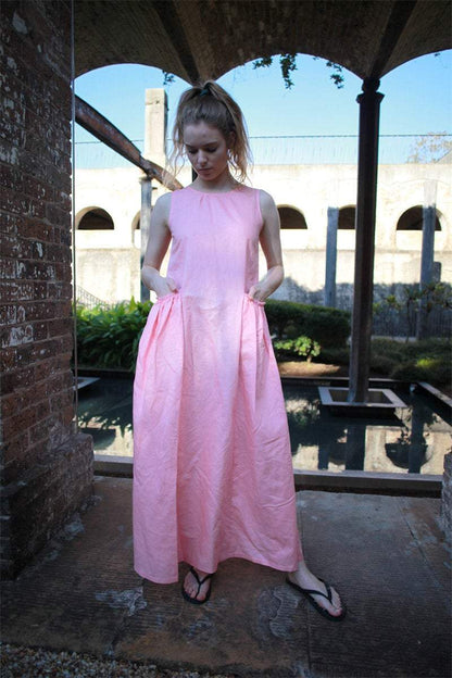 Pink dress, linen dress, pink linen dress, long linen dress, sleevelesss dress, womens dress, pockets dress, summer dress C1495