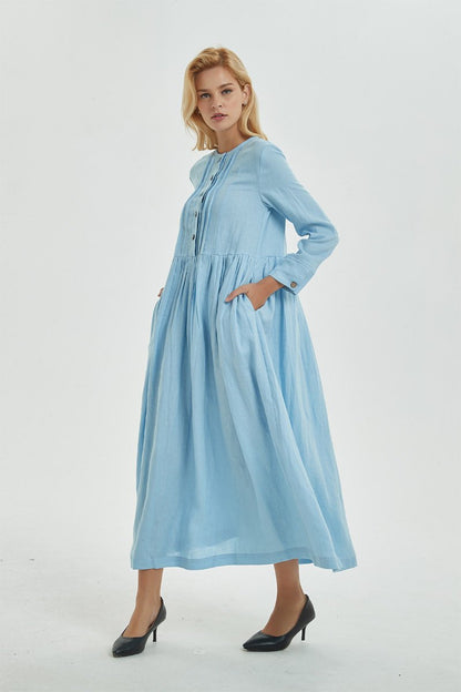 blue pleated dress, blue linen dress with pockets & buttons, long sleeve dress with pleated - Long linen shirt dress for women C1273