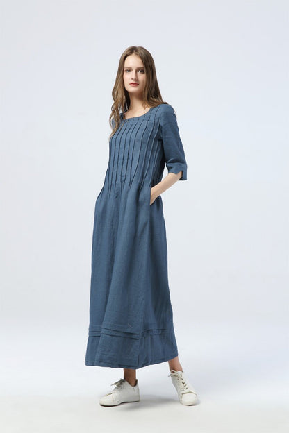 blue pleated dress, long linen dress with pockets, loose&casual dress - women dress - elbow sleeve dress, custom dress for women  C1283