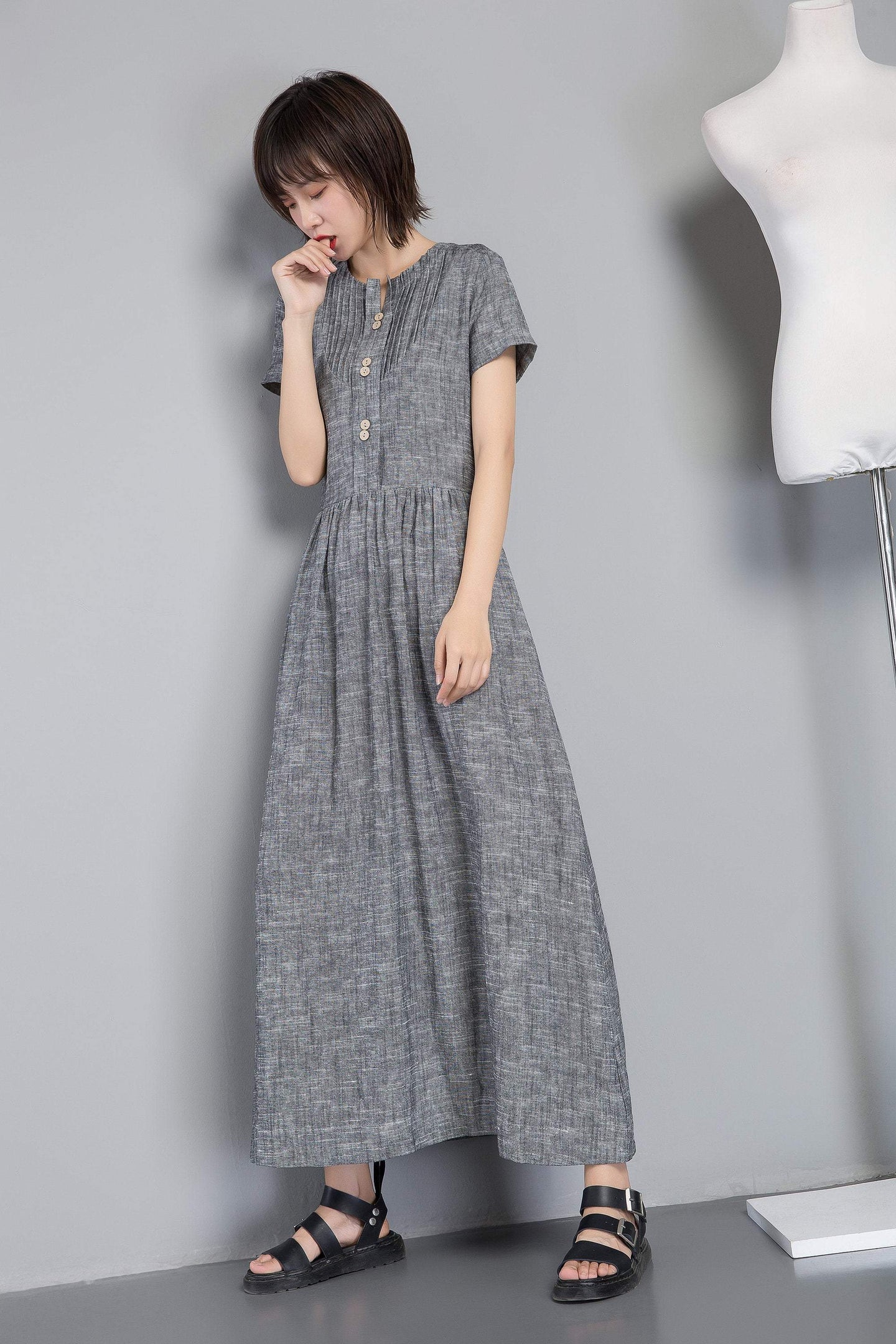 Gray pleated & buttons Long linen dress C1252