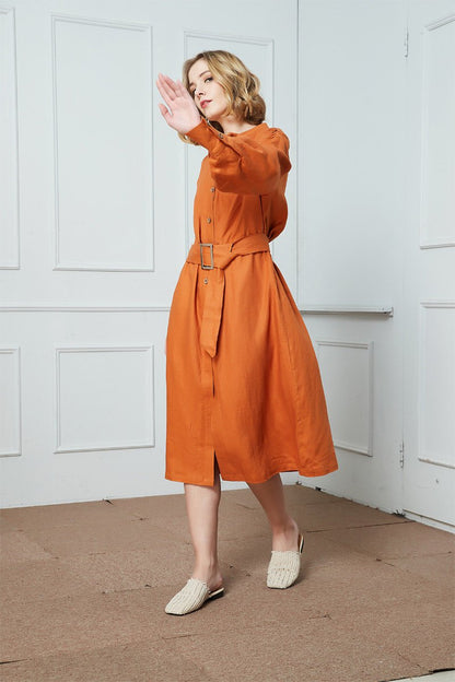 Linen dress, Lantern sleeve dress, spring dress, oversize dress, buttons dress, midi shirt dress C1405