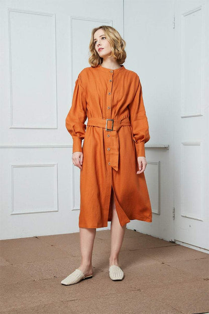 Linen dress, Lantern sleeve dress, spring dress, oversize dress, buttons dress, midi shirt dress C1405
