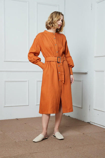 Linen dress, Lantern sleeve dress, spring dress, oversize dress, buttons dress, midi shirt dress C1405