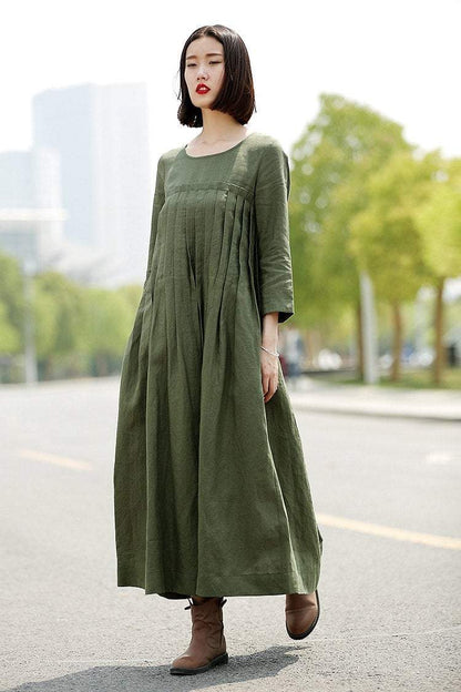 Green Linen Dress, linen dress, long linen dress, Pleated dress, loose linen dress, womens dresses, dress with pockets, plus size dress C358