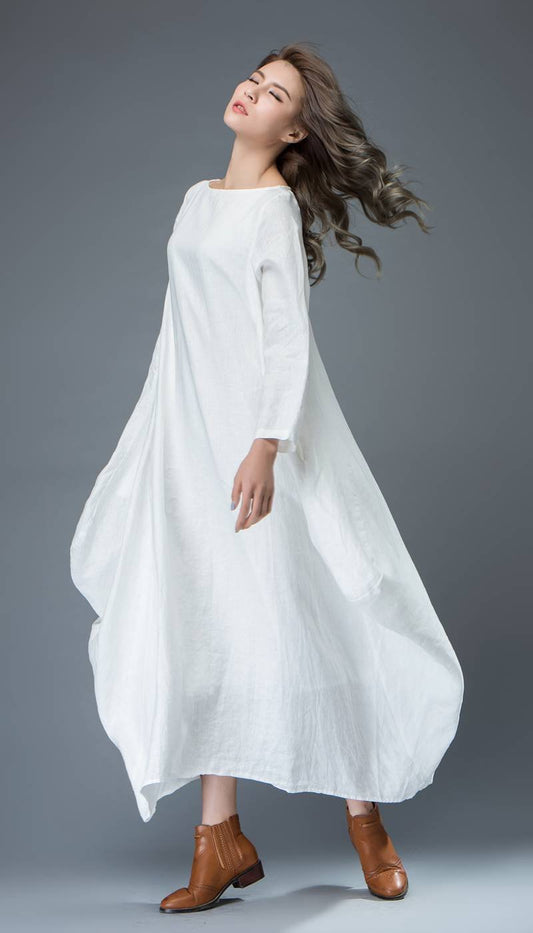 White dress, linen dress, long linen dress, maxi dress, casual dress, loose linen dress, long sleeves dress, oversized dress C821