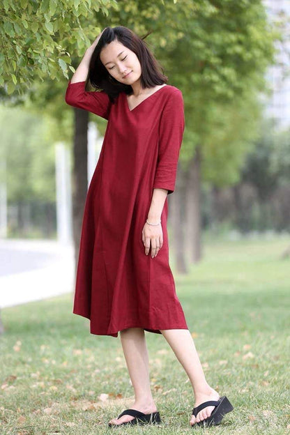 Red Linen Dress - Midi Length Loose-Fitting Plus Size V-Neck Casual Everyday Comfortable Womens Clothing C264