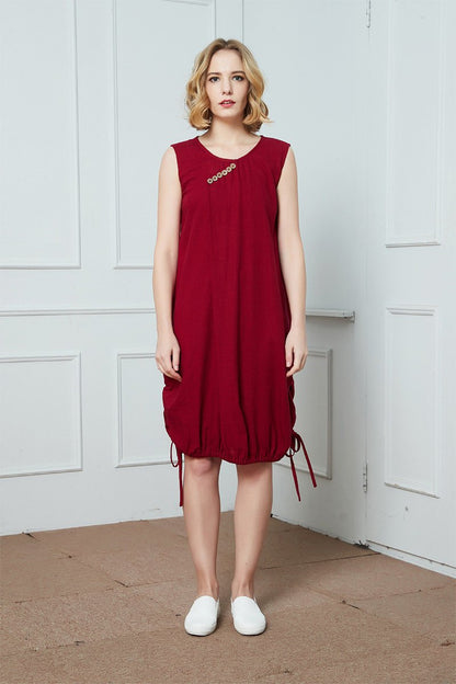 Linen dress, red linen dress, dress for women, linen summer dress, sleeveless dress, linen drawstring dress C1388
