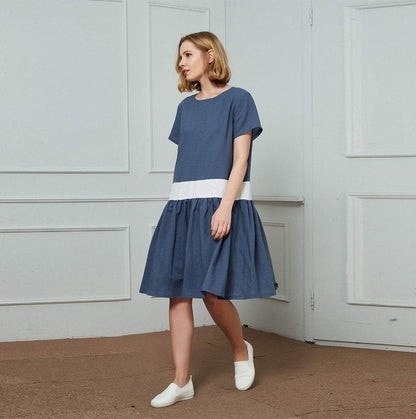 linen dress, blue and white linen dress, midi linen dress, dress for women, casual dress, loose linen dress, handmade linen dress C1459