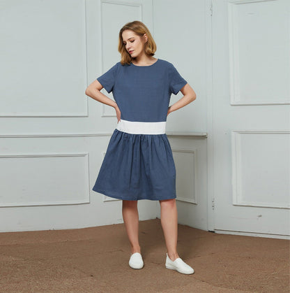 linen dress, blue and white linen dress, midi linen dress, dress for women, casual dress, loose linen dress, handmade linen dress C1459