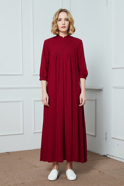 Red linen long dress, 3/4 Sleeves Vintage Stand Collar Linen Dress, linen dress for women, retro linen dress, oversized linen dress C1389