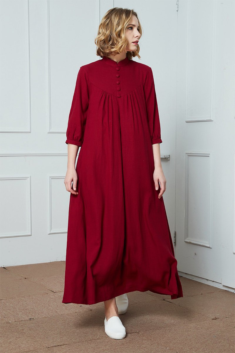 Red linen long dress, 3/4 Sleeves Vintage Stand Collar Linen Dress, linen dress for women, retro linen dress, oversized linen dress C1389
