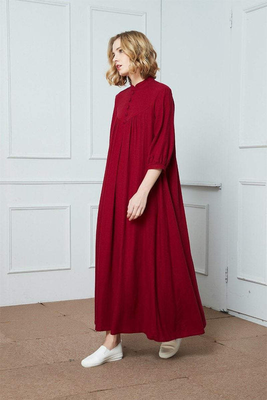 Red linen long dress, 3/4 Sleeves Vintage Stand Collar Linen Dress, linen dress for women, retro linen dress, oversized linen dress C1389