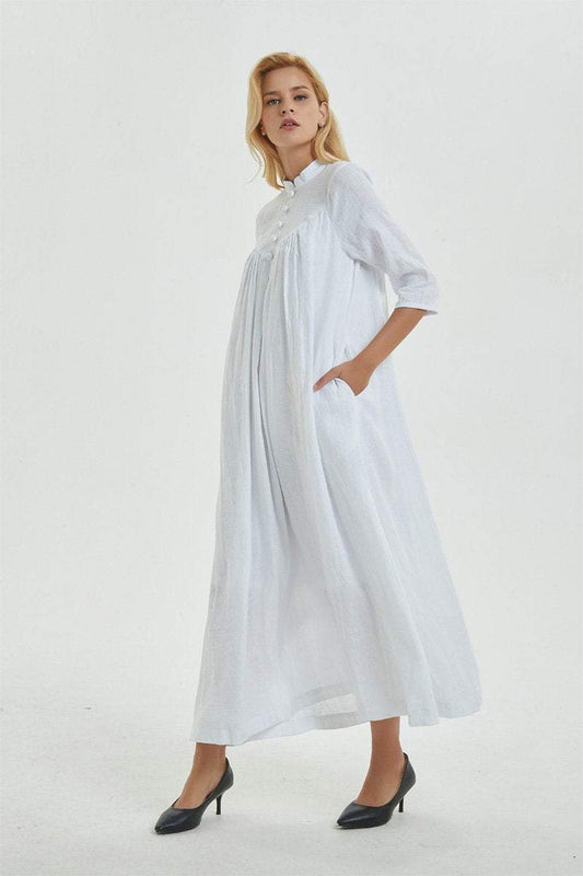 Linen dress, white linen dress, dress for women, maxi linen dress with pockets & buttons, oversized linen dress, linen causal dress C1272