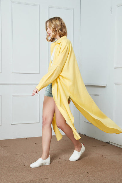 Long linen yellow shirt, loose linen shirt, linen spring shirt, womens shirt, buttons down shirt, linen causal shirt C1398