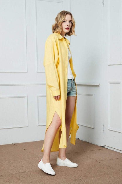 Long linen yellow shirt, loose linen shirt, linen spring shirt, womens shirt, buttons down shirt, linen causal shirt C1398