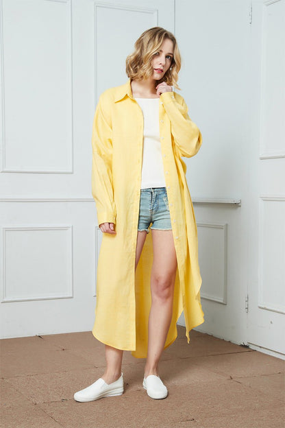 Long linen yellow shirt, loose linen shirt, linen spring shirt, womens shirt, buttons down shirt, linen causal shirt C1398