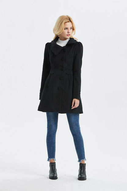 Gray Winter Coat - Woman's Outerwear Charcoal Grey Feminine Coat with Large Collar & Picot Edging C382 (CF126)