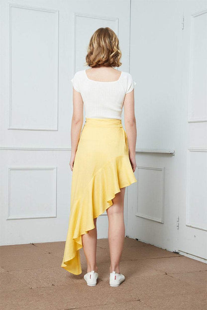 Yellow Ruffle High Waist Irregular Elegant Linen Skirt/Fashion linen Skirt/Asymmetrical Linen Skirt