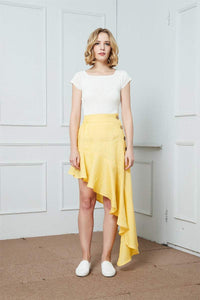 Yellow Ruffle High Waist Irregular Elegant Linen Skirt/Fashion linen Skirt/Asymmetrical Linen Skirt