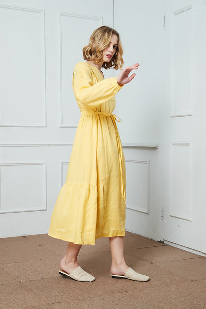 Linen dress, Drawstring Casual Dress, yellow linen dress, womens dress, long sleeve linen dress, v-neckline linen dress C1408