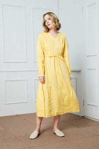 Women's Yellow Drawstring Casual Linen Dress C1408 XS/S#yy04010