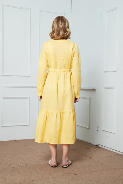 Linen dress, Drawstring Casual Dress, yellow linen dress, womens dress, long sleeve linen dress, v-neckline linen dress C1408