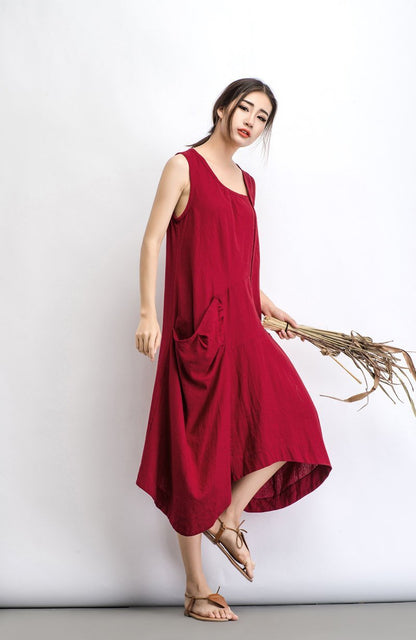 Linen dress, plus size dress, maxi dress, summer dress, red dress, women dress, loose fitting dress, long dresses, asymmetrical dress C489
