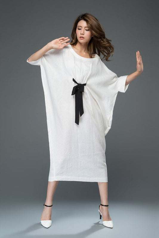 White Linen Dress - Loose-Fitting Casual or Smart Women's Designer Dress with Black Ribbon Tie & Batwing Sleeves C913