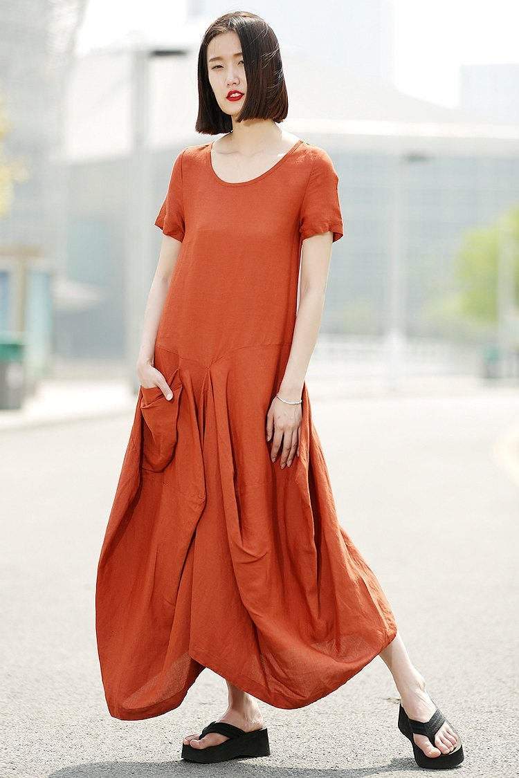 Orange Linen Dress - Womens Linen Clothing Casual Everyday Comfortable Plus Size Summer Fashion Basic Wardrobe Staple C351