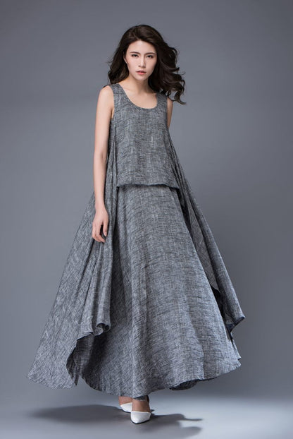 Gray Linen Dress - Layered Flowing Elegant Long Sleeve Long Summer Dress with Scoop Neck Handmade Clothing C881