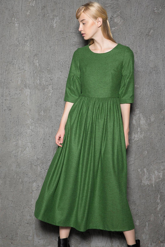 Simple Wool Dress - Emerald Green Elegant Feminine Minimal Contemporary Pleated Long Woman's Dress with Three-Quarter Sleeves C727