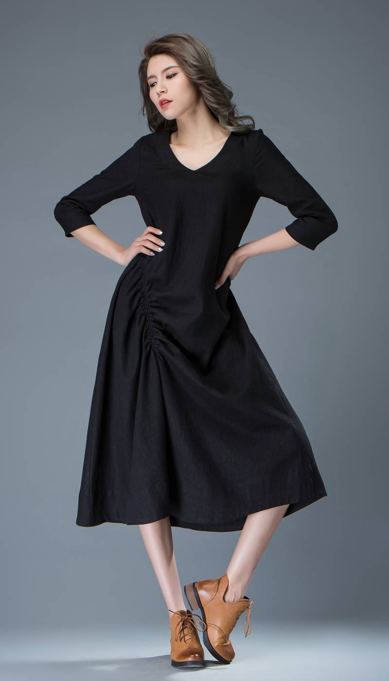 Black Linen Dress - Casual Everyday Comfortable Loose-Fitting Contemporary Mid-Length Woman's Handmade Dress C838
