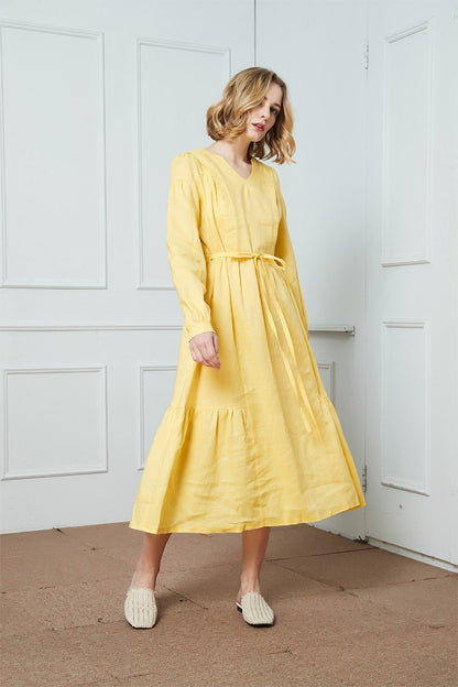 Linen dress, Drawstring Casual Dress, yellow linen dress, womens dress, long sleeve linen dress, v-neckline linen dress C1408