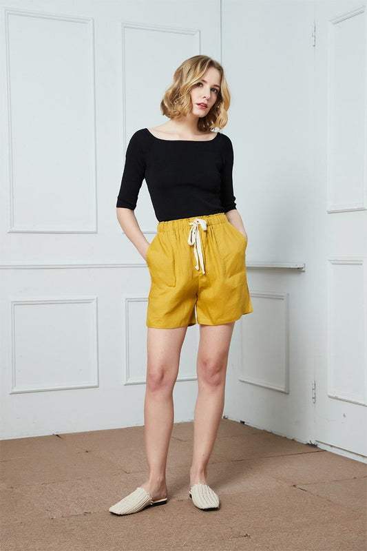 Linen shorts, yellow shorts, Summer Womens Shorts, linen Casual Shorts, Elastic Waist Shorts, Linen Drawstring  Shorts, pockets shorts C1394