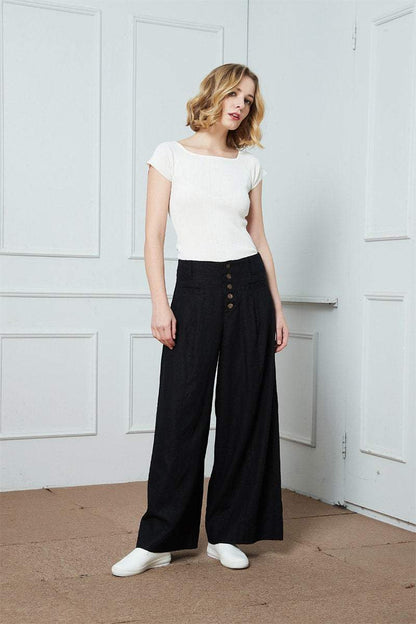 Linen Pants, wide-legged pants, Long linen Pants, Black linen pants, women pants, linen palazzo pants, buttons pants, pockets pants C1400