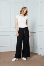 Load image into Gallery viewer, Linen Pants, wide-legged pants, Long linen Pants, Black linen pants, women pants, linen palazzo pants, buttons pants, pockets pants C1400
