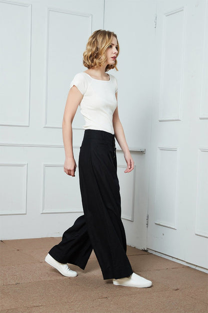 Linen Pants, wide-legged pants, Long linen Pants, Black linen pants, women pants, linen palazzo pants, buttons pants, pockets pants C1400