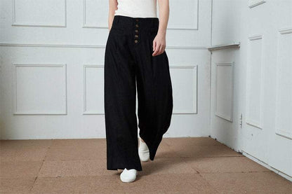 Linen Pants, wide-legged pants, Long linen Pants, Black linen pants, women pants, linen palazzo pants, buttons pants, pockets pants C1400