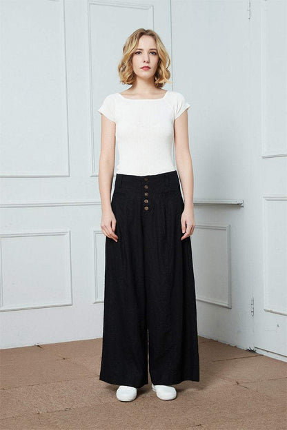 Linen Pants, wide-legged pants, Long linen Pants, Black linen pants, women pants, linen palazzo pants, buttons pants, pockets pants C1400