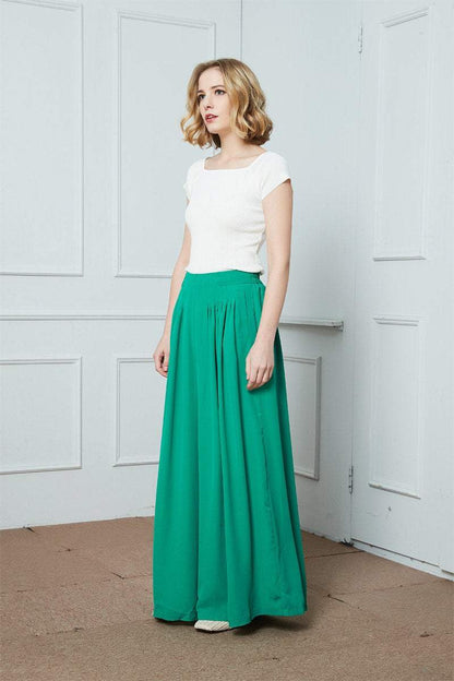Wide-Legs Chiffon Long Pants, Pleated Wide Leg Pants, green chiffon maxi pants, Chiffon casual womens pants, summer pants for womens C1387