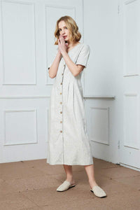 Gray Linen Button Detail Shirt Dress/Summer Linen Gray  Buttoned Midi Dress