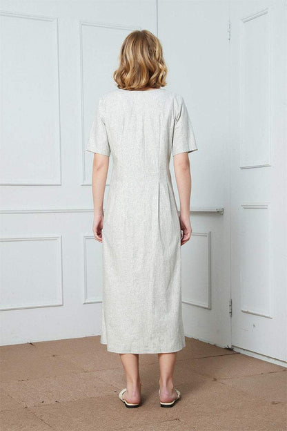 Gray Linen Button Detail Shirt Dress/Summer Linen Gray  Buttoned Midi Dress