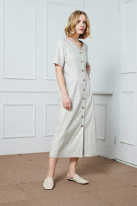Gray Linen Button Detail Shirt Dress/Summer Linen Gray  Buttoned Midi Dress
