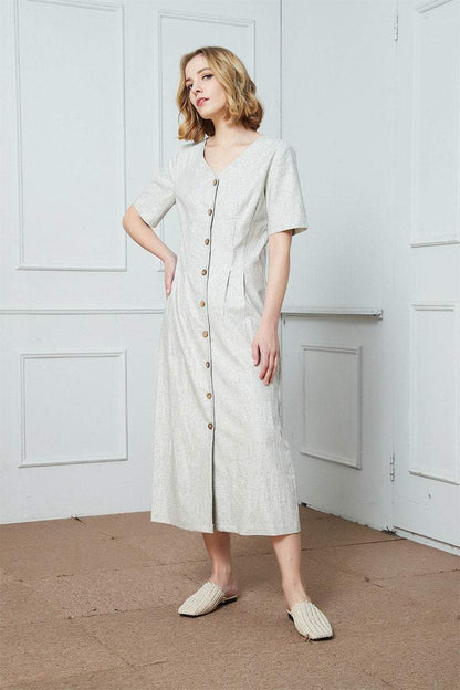 Gray Linen Button Detail Shirt Dress/Summer Linen Gray  Buttoned Midi Dress