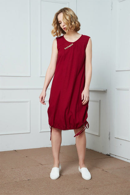 Linen dress, red linen dress, dress for women, linen summer dress, sleeveless dress, linen drawstring dress C1388