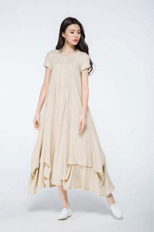 beige long linen loose dress C1071, Size US 2 #yy03420