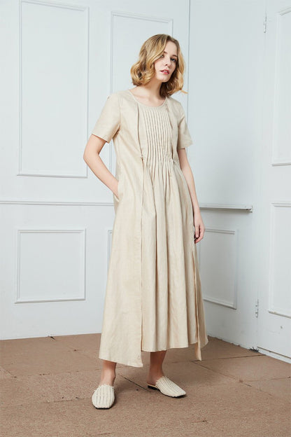 Pleated linen dress, Short Sleeved Linen Dress, Beige Linen Dress, Linen Dress, loose linen dress, womens dress, long linen dress C1426