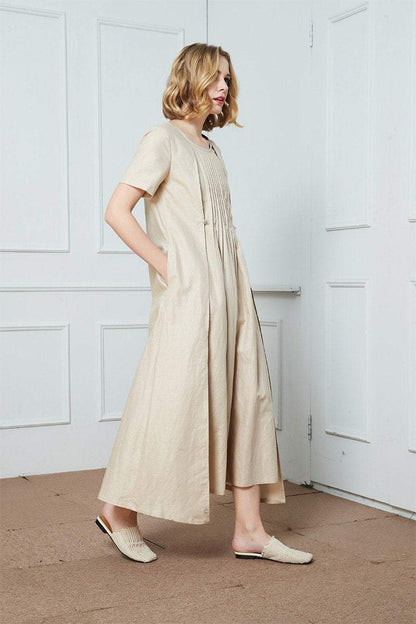 Pleated linen dress, Short Sleeved Linen Dress, Beige Linen Dress, Linen Dress, loose linen dress, womens dress, long linen dress C1426