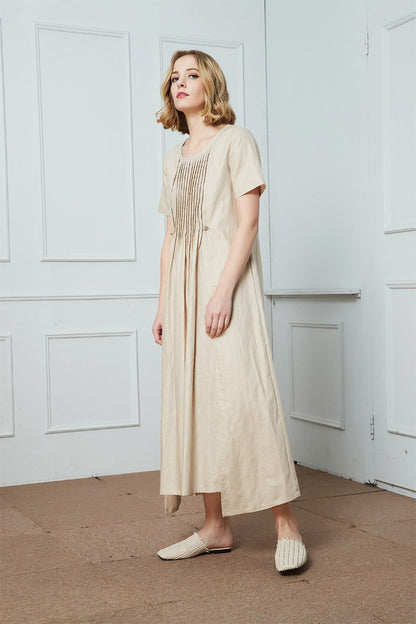 Pleated linen dress, Short Sleeved Linen Dress, Beige Linen Dress, Linen Dress, loose linen dress, womens dress, long linen dress C1426